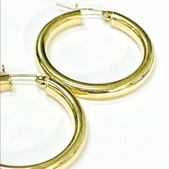 Shiny! Solid 10k Yellow Gold 1.25” 4mm Thick Tube Hoop Earrings - Picture 2 of 4
